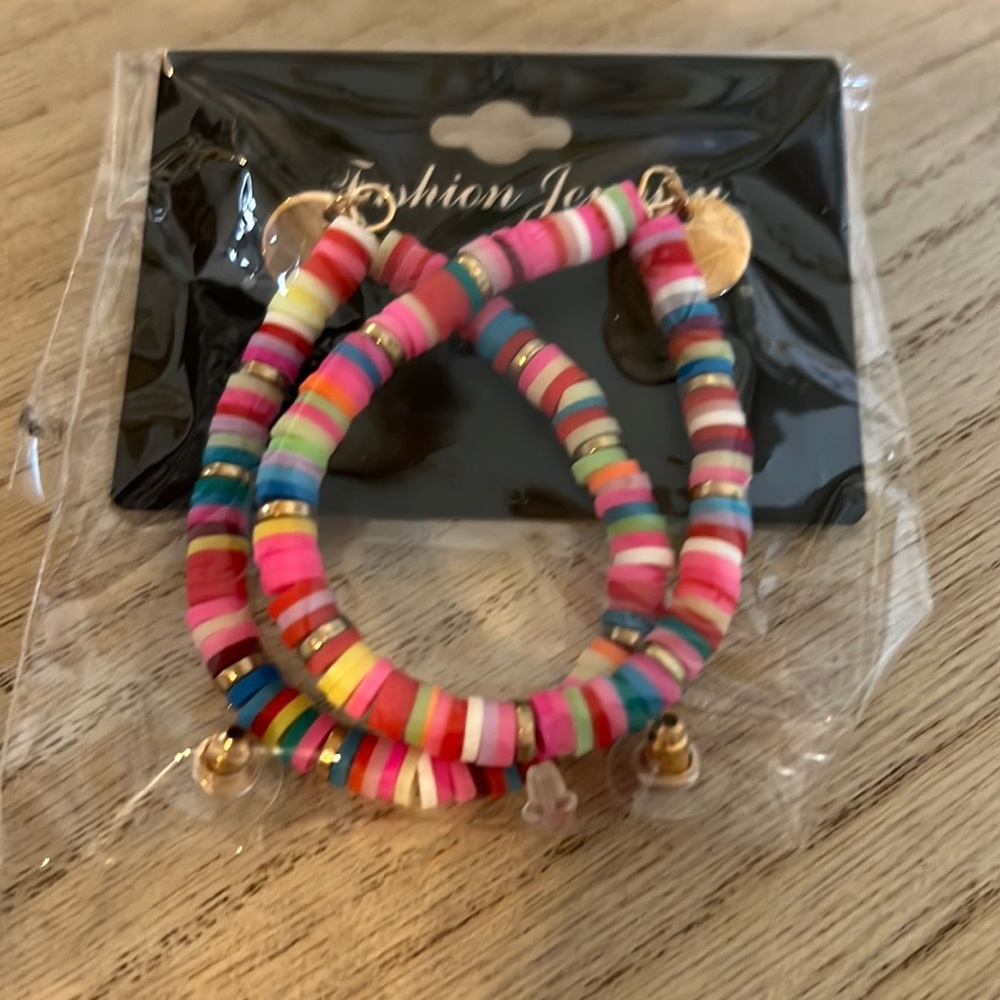 Multicolor Clay Bead Hoop Earrings, NEW